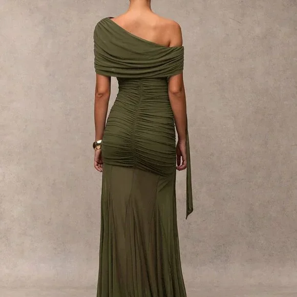 Army Green Elegant Women's Ruched Asymmetric Dress - Picture 2 of 8